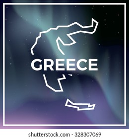 Greece map against the backdrop of polar lights on the starry sky. Aurora borealis abstract vector background. EPS10 contains transparency, mesh gradients used.
