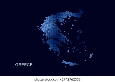 Greece Map - Blue Dotted Halftone Vector Illustration on Dark Navy Background, Abstract Circle Grid Silhouette Design for Infographic and Modern Presentation Use.