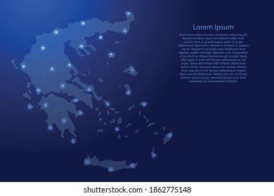 Greece map from blue pattern slanted parallel lines and glowing space stars grid. Vector illustration.