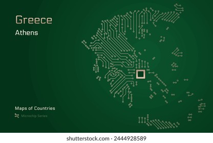 Grecia Mapa con la capital de Atenas en un patrón de microchip con procesador. Gobierno electrónico. Mapas de Vector de Países Mundiales. Serie de microchips	