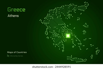 Grecia Mapa con la capital de Atenas en un patrón de microchip con procesador. Gobierno electrónico. Mapas de Vector de Países Mundiales. Serie de microchips	