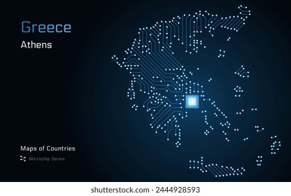 Greece Map with a capital of Athens Shown in a Microchip Pattern with processor. E-government. World Countries vector maps. Microchip Series	