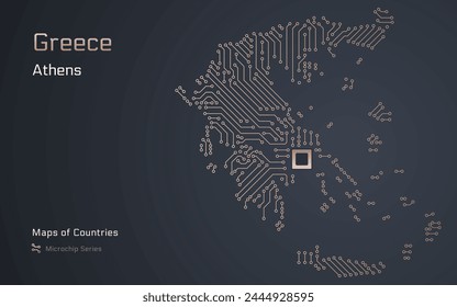 Greece Map with a capital of Athens Shown in a Microchip Pattern with processor. E-government. World Countries vector maps. Microchip Series	