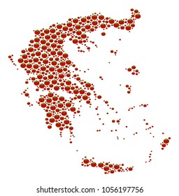 Greece Map collage of tomato vegetables. Vector tomato symbols are united into greece map illustration. Vegan vector design concept.