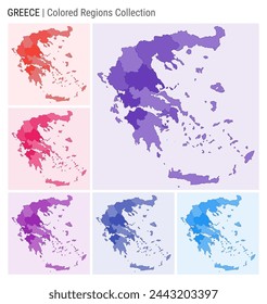 Greece map collection. Country shape with colored regions. Deep Purple, Red, Pink, Purple, Indigo, Blue color palettes. Border of Greece with provinces for your infographic. Vector illustration.