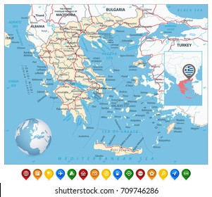 Greece Map and Colorful Map Markers. Detailed vector map of Greece with roads, highways and roads.