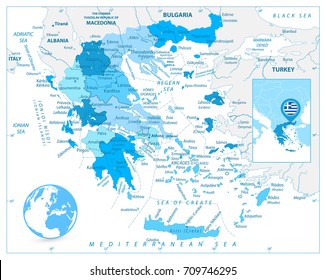 Mapa de Grecia en colores azules. Mapa vectorial detallado de Grecia.