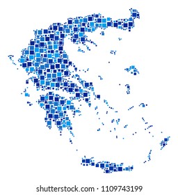 Greece map composition of randomized filled squares in various sizes and blue color tints. Vector dots are arranged into Greece map collage. Abstract cartography scheme design concept.
