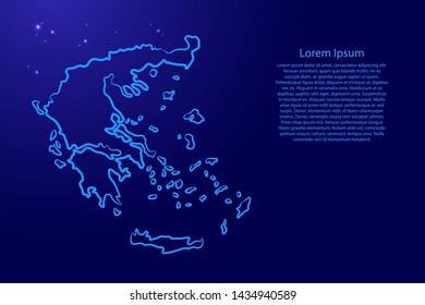 Greece map from the contour blue brush lines different thickness and glowing stars on dark background. Vector illustration.