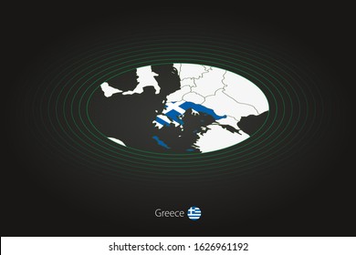 Greece map in dark color, oval map with neighboring countries. Vector map and flag of Greece