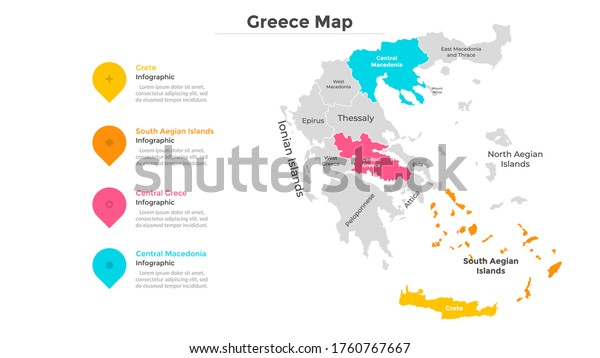 Greece map divided into federal states. Territory\
of country with regional borders. Greek administrative division.\
Infographic design template. Vector illustration for touristic\
guide, banner.