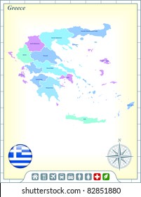 Greece Map with Flag Buttons and Assistance & Activates Icons Original Illustration