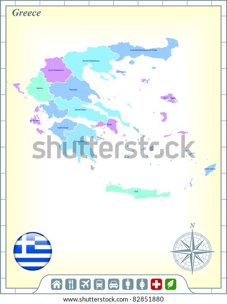 Greece Map with Flag Buttons and\
Assistance & Activates Icons Original\
Illustration