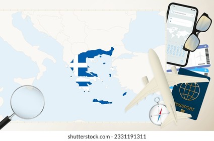 Greece map and flag, cargo plane on the detailed map of Greece with flag, passport, magnifying glass and airplane. Vector template.