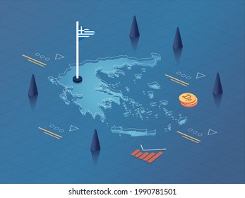 Greece Map, Flag and Currency Modern Isometric Business and Economy Vector Illustration Design