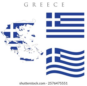 Greece  map with flag embeded inside with 2  flags wavy flag and rectangular flag vector illustration