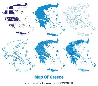 Mapa da Grécia com bandeira e conjunto de ilustração de vetor de contorno plano