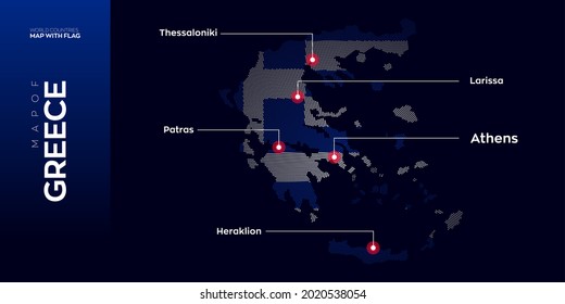 Greece map with flag info graphic. Abstract vector map of Greece with capital and major cities. Dots composition map on dark background.
