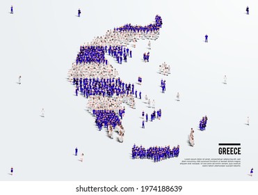 Greece Map and Flag. A large group of people in the Greece flag color form to create the map. Vector Illustration.