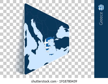 Mapa y bandera de Grecia sobre fondo transparente. Resaltó a Grecia en el mapa del vector azul.
