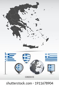 Greece map and flag set. Detailed country shape with region borders and flag icons.