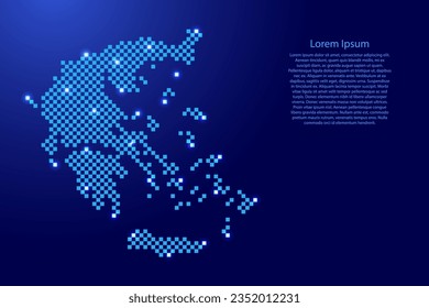 Greece map from futuristic blue checkered square grid pattern and glowing stars for banner, poster, greeting card