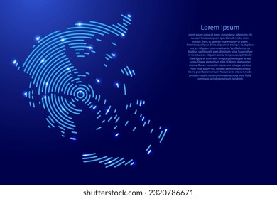 Greece, map from futuristic concentric blue circles and glowing stars for banner, poster, greeting card