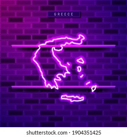 Greece map glowing neon lamp sign. Realistic vector illustration. Country name plate. Purple brick wall, violet glow, metal holders.