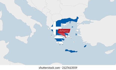 Mapa de Grecia resaltado en los colores de la bandera griega y pin de la capital del país, Atenas, mapa con los países europeos vecinos.