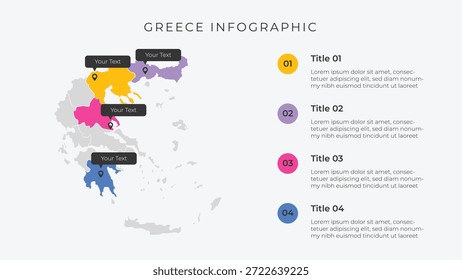 Plantilla de infografía de mapas de Grecia con 4 opciones. Infografía del mapa administrativo de Grecia para su presentación.