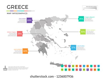 Greece map infographics with editable separated layers, zones, elements and district area in vector