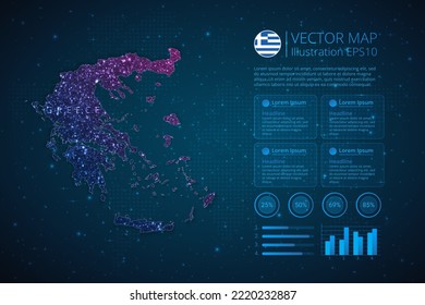 Planilla de infografía de mapas de Grecia para diagrama, gráfico, presentación y gráfico con concepto de malla geométrica abstracta de luz poligonal sobre fondo azul. EPS10 de ilustración vectorial.