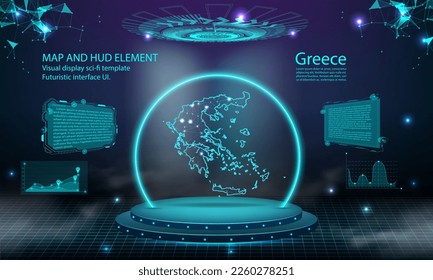 greece map light connecting effect background. abstract digital technology UI, GUI, futuristic HUD Virtual Interface with greece map. Stage futuristic podium in fog.