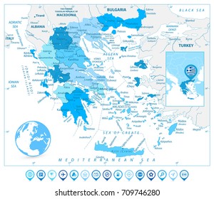 Greece Map and Map Markers in Colors of Blue. Detailed vector map of Greece.