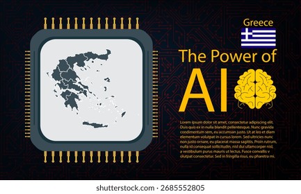 mapa da grécia com guerra de microchips e conceito de IA na placa de circuito, Poder da IA com mapa do país. Conectividade global com big data. Design para planos de fundo de IU ou projetos FinTech.