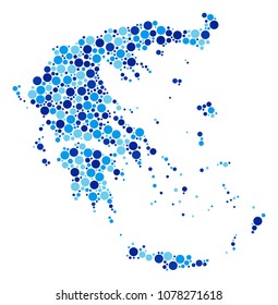 Greece Map mosaic of round dots in variable sizes and blue shades. Randomized small spheres are united into Greece Map mosaic. Vector cartography blue map vector illustration.