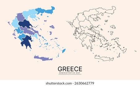 Mapa da Grécia com distritos administrativos separados por várias cores, camadas separadas editáveis, zonas e bordas. Mapa para apresentação. Ilustração vetorial