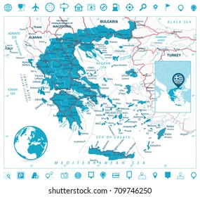 Greece Map and Navigation Icons. Detailed vector map of Greece with roads, highways and roads.