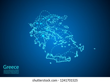 greece map with nodes linked by lines. concept of global communication and business. Dark greece map created from white dots with travel locations or internet connection.