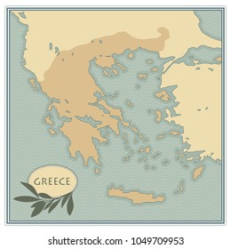 Greece map with olives, branches and olive leaves. Retro style.
