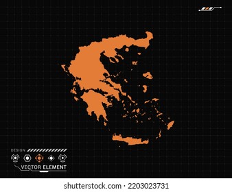Griechenland Karte des orangefarbenen digitalen Frames HUD, GUI, UI-Interface-Technologie Radarvektor.