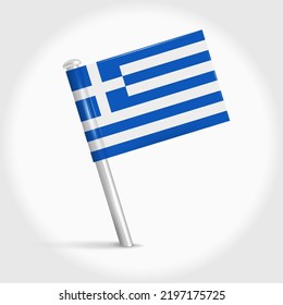 Icono de la bandera del pin del mapa de Grecia. Marcador de mapa de inclinación griega sobre una aguja de metal. Ilustración vectorial 3D realista.