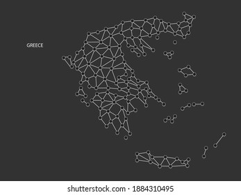 Greece Map Point scales on black background. Wire frame polygonal network white line, dot and shadow dot.