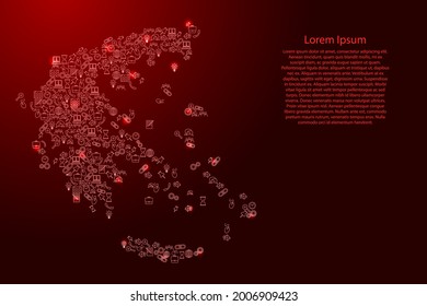 Greece map from red and glowing stars icons pattern set of SEO analysis concept or development, business. Vector illustration.