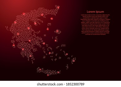 Greece map from red pattern of the maze grid and glowing space stars grid. Vector illustration.