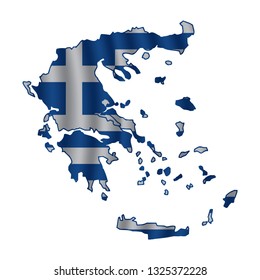 Greece map with rippled flag on white illustration. Waving Fabric Flag Map of Greece. Map of Europe. Vector White Background. Vector illustration eps10.