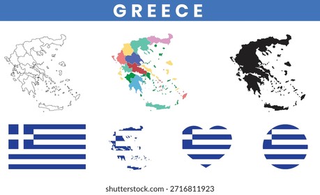 Greece map set with regions outline silhouette and national flag icons
