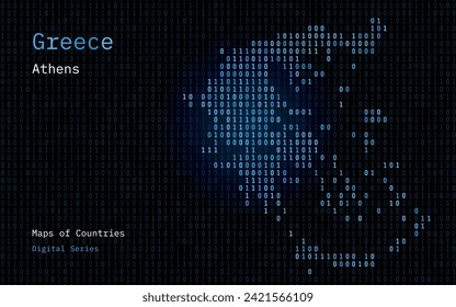 Greece Map Shown in Binary Code Pattern. TSMC. Blue Matrix numbers, zero, one. World Countries Vector Maps. Digital Series