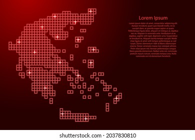 Silhouette de mapa de Grecia a partir de cuadrados de estructura de mosaicos rojos y estrellas brillantes. Ilustración vectorial.