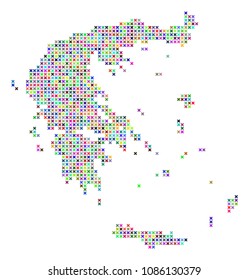 Greece map. Vector collage of geographic plan. Regular pattern is designed with x-cross elements in random colors. Abstract pixelated Greece map designed for political and economical purposes.